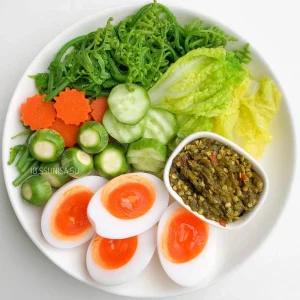 1. น้ำพริกหนุ่ม ผักต้ม และไข่ต้มยางมะตูม